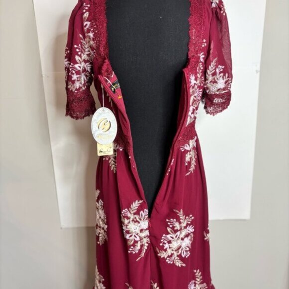 Cariar Vintage Women's Large Burgundy Floral Dress Embroidered Lace Puff Sleeve - Picture 14 of 16